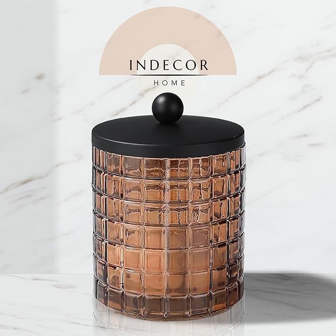 Indecor Home Amber Colored Tranlucent Apothecary Etched Geometric Grid Glass Jar W/Matte Black Metal Lid for Bathroom Organization, Cotton Balls, Q Tips, and Small Accessories, Bathroom Storage