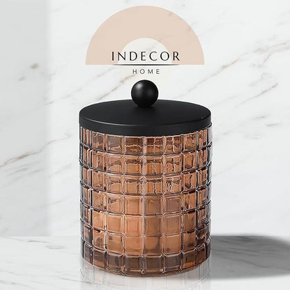 Indecor Home Amber Colored Tranlucent Apothecary Etched Geometric Grid Glass Jar W/Matte Black Metal Lid for Bathroom Organization, Cotton Balls, Q Tips, and Small Accessories, Bathroom Storage