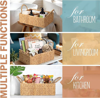 Divided Water Hyacinth Baskets with Handles, Storage Basket Woven Natural for Organizing Bathroom Kitchen Shelves Office Supplies Organization, Wicker Storage Baskets 4 Section Rectangular Tray