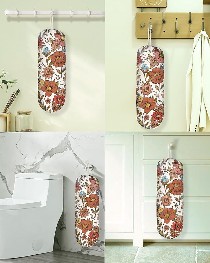 Plastic Bag Holder Organizer - 1 Pack Reusable Canvas Grocery Bags Holder Hanging Wall Cute Aesthetic Shopping Bag Storage Dispenser with Drawstring Closure for Kitchen Home, Retro Flower