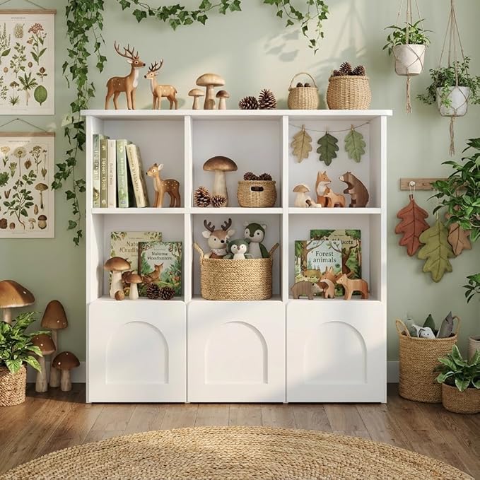 Toy Storage Organizer with 3 Movable Drawers,Montessori Bookshelf with 5 Open Cubbies,White Kids Bookshelf with Wall Mounting Hardware for Playroom,Den and Kids Room