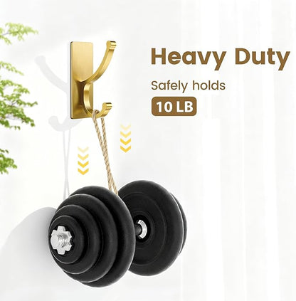 pickpiff Adhesive Wall Hooks with Strip - No Residue, Easy to Remove, Strong Heavy Duty Sticky Towel Hook, 4 Pack Brushed Gold