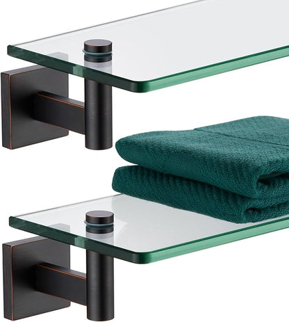 KOKOSIRI Wall Shelves Bathroom Hardware Glass Floating Shelf Small Hanging Rack Storage/Room Decor 16-Inch Oil Rubbed Bronze 2 Pack B1105ORB-L16-P2