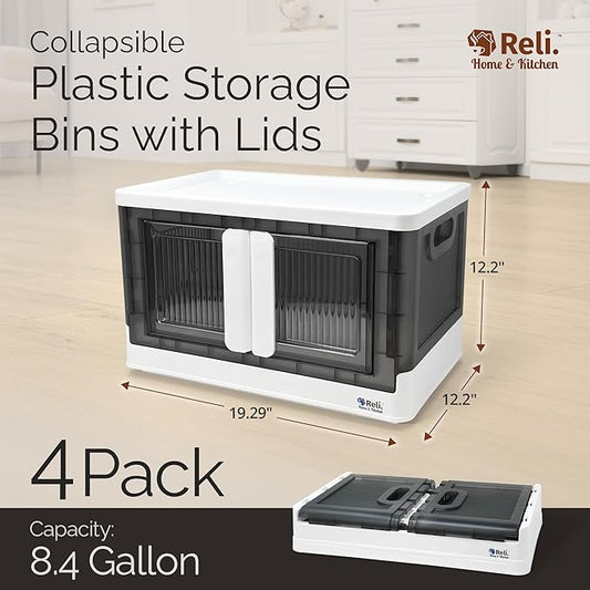 Reli. Storage Bins with Lids and Doors (4 Pack) | 8.4 Gallon Collapsible Storage Bins with Lids | Collapsible Stackable Plastic Cabinet with Built-in Wheels | Heavy Duty Closet Organizers