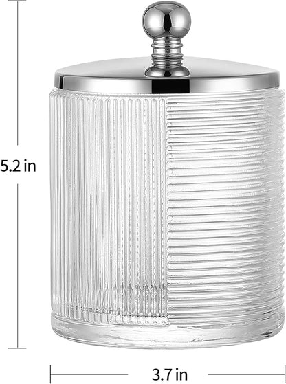 Indecor Home Clear Transparent Apothecary Ribbed Geometric Etched Glass Jar W/Silver/Chrome Metal Lid Cover for Bathroom Organization, Cotton Balls, Q Tips, and Small Accessories, Bathroom Storage
