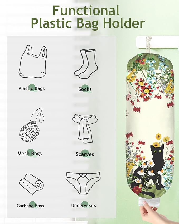 Plastic Bag Holder, Grocery Bag Organizer - 1 Pack Cute Kitchen Dispenser Holders Reusable Shopping Western Hanging Wall with Adjustment Drawstring Closure for Women Home, Black Cat