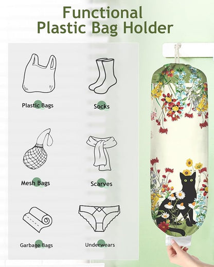 Plastic Bag Holder, Grocery Bag Organizer - 1 Pack Cute Kitchen Dispenser Holders Reusable Shopping Western Hanging Wall with Adjustment Drawstring Closure for Women Home, Black Cat