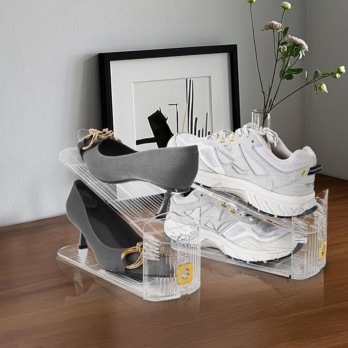 10 Pack Clear Shoe Slot Organizer, 11" Adjustable Shoes Stacker for Closet, Double Deck Display Shelf for a Pair of Shoes, Anti-slip Shoe Rack Holder Storage Space Saver