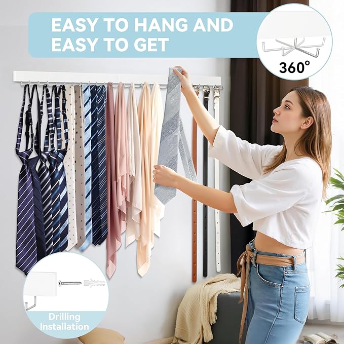 HOMEBROS Tie Rack Wall Mount, Adhesive Wooden Closet Tie Hanger with 24 Metal Hooks, Large Capacity, 2 Installation Options, White, 2 Pcs