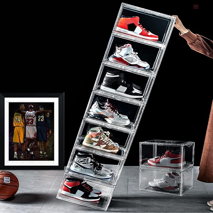STAHMFOVER Clear Shoe Box Stackable Plastic Sneaker Box Container, Magnetic Side Open Shoe Organizer and Shoes Storage Case, Full Transparent Versatile Display Case for Hats/Models