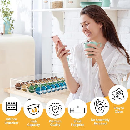 Coffee Pod Holder Compatible with Nespresso Pods Vertuo Holder, 40 Pods Capacity Acrylic Drawer Organizer, Suit for Home Office, Kitchen, Coffee Counter