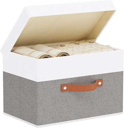 1 Pack Storage Bin with Lid, Collapsible Box, 15 x 9.8 x 9.8 Inch Storage Basket with Double Handles for Bedroom, White and Grey