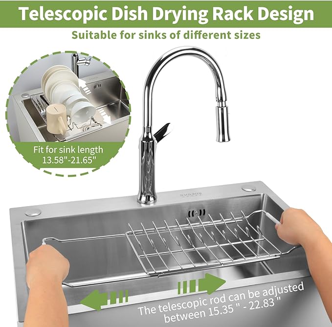 PapakeNook Space Saving Dish Drying Rack Small - Expandable Telescopic Over The Sink Drying Rack,304 Stainless Steel Dishrack for 13.58" - 21.65" Sinks.(Large)