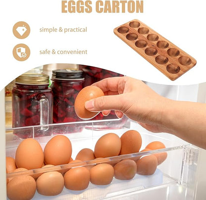 Homoyoyo Wooden Egg Tray 12 Egg Holder for Fridge Kitchen Storage Acacia Wood Fresh Organizer 11.85X4.4X0.78 Inches