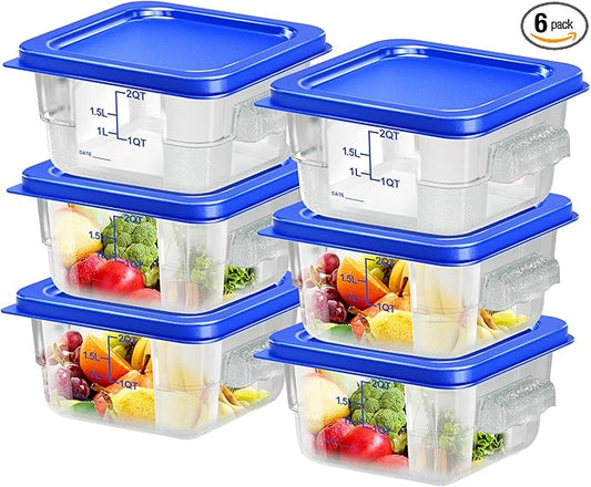 FeyBuosk 6 pcs 2qt Food Storage Containers with Lid, Square Clear Commercial Food Storage Containers with Handle and Scale for Food Storage in Home Kitchen & Dining (Blue)