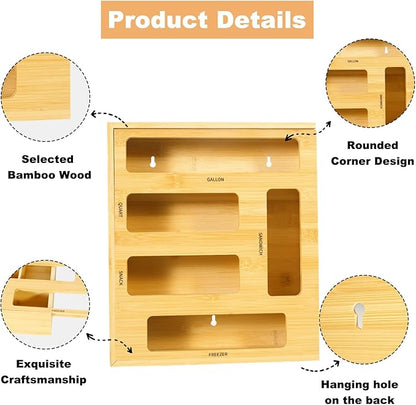 Bag Storage Organizer Compatible with Ziploc Gallon, Quart, Sandwich & Snack Sized Slider Bags,Bamboo Organizer For Drawer(13.7"L*11.8H"*3.1W")