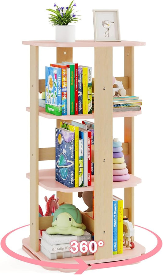 Costzon Kids Rotating Bookshelf, 360° Spinning 3-Tier Corner Bookshelf for Small Space w/12 Sectors, Floor Standing Bookcase Storage Rack, Wooden Narrow Bookcase for Kid's Room, Living Room, Daycare