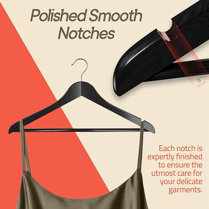 Black Wooden Hangers 60 Pack – Heavy-Duty with 360° Swivel Hook, Non-Slip, Pants Bar & Shoulder Grooves - Wooden Hangers for Suits, Jackets, Dresses & Camisoles, Space-Saving and Smooth Finish