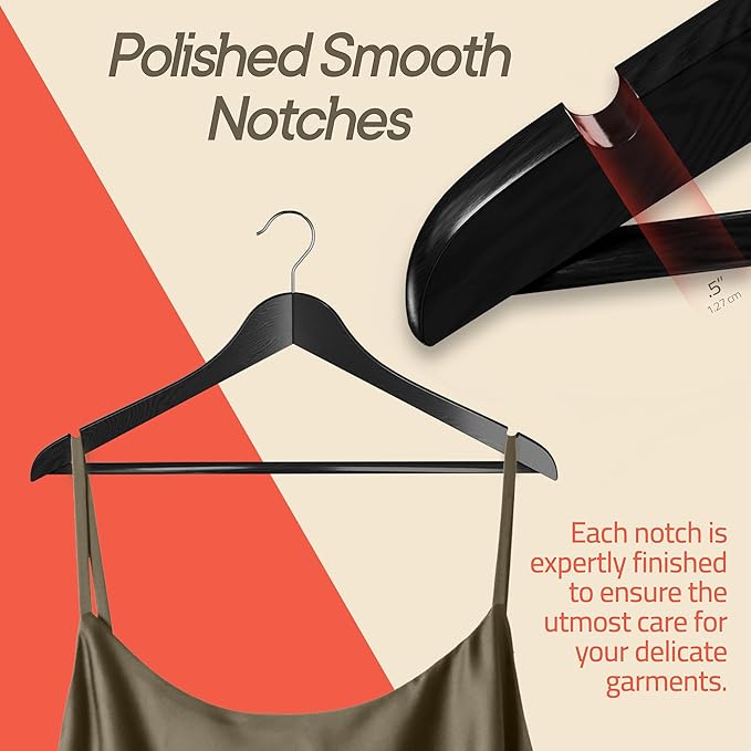 Black Wooden Hangers 30 Pack – Heavy-Duty with 360° Swivel Hook, Non-Slip, Pants Bar & Shoulder Grooves - Wooden Hangers for Suits, Jackets, Dresses & Camisoles, Space-Saving and Smooth Finish