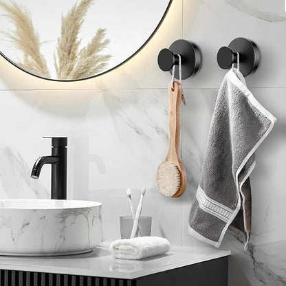 BKV Suction Cup Hooks for Glass Window,Removable Shower Hooks for Inside Shower,Metal Towel Hooks for Bathrooms,2 Pack(Black)