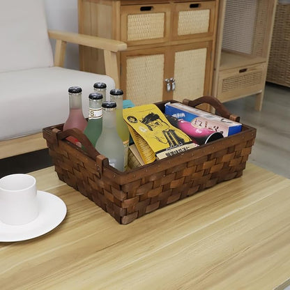 Rectangular Wicker Basket, Woven Wooden Storage Tray with Handles for Gift Bread (Dark Brown)