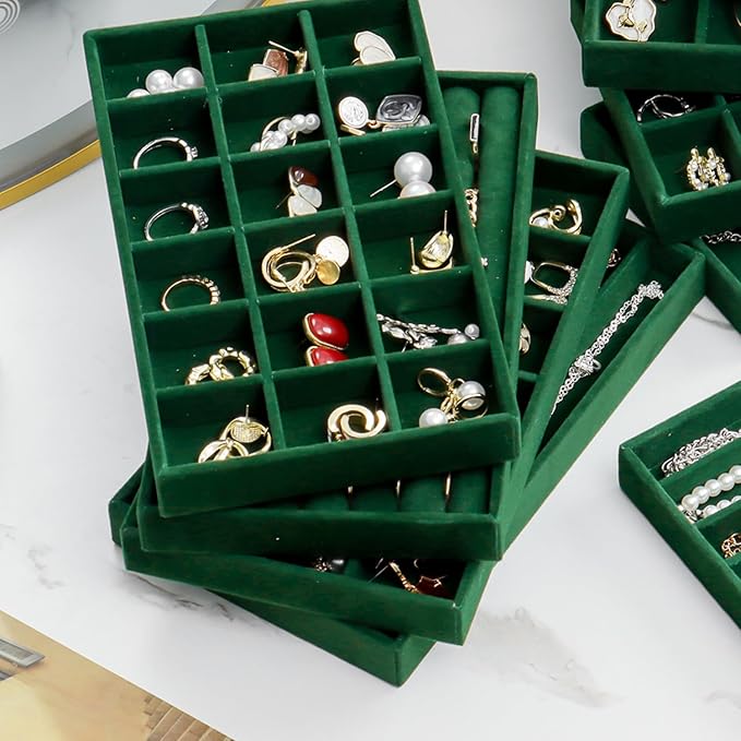 SPAKOWN Jewelry Organizer for Drawer, Adjustable Velvet Jewelry Tray, Stackable Necklace Organizer Earring Holder Organizer Ring Tray Jewelry Storage Display Drawer Inserts Set of 9 (Green)