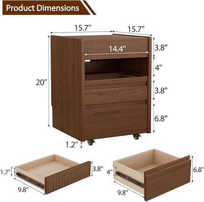 CycleCrew Mid-Century Modern Nightstand with Wheels - 100% Solid Wood Bedside Table with 3 Storage Drawers and Open Shelf Fluted Rolling Night Stand End Side Table for Bedroom, Home