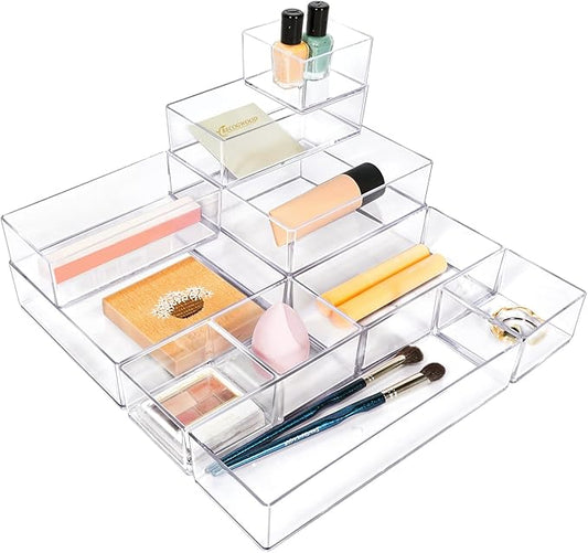Recogwood Stackable Acrylic Drawer Organizer Set, 11 PCS Multi-Size Storage Bins for Makeup, Office Desk, Bathroom, Vanity and Kitchen Utensils