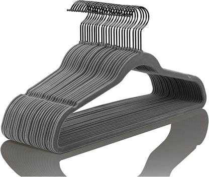 MIZGI Premium Velvet Hangers (50 Pack) Heavy Duty - Non Slip Felt Hangers - Velvet Suit Hanger Gray - Black Coated Hooks,Space Saving Clothes Hanger