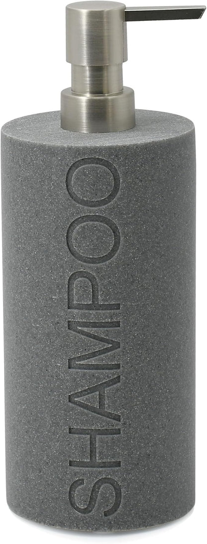 Indecor Home Resin Neutral Gray Sandstone Shampoo Engraved Bottle Refillable Pump Dispenser, Durable Waterproof Resin Construction for Bath, Shower - Gray Sandstone Satin Nickel Pump