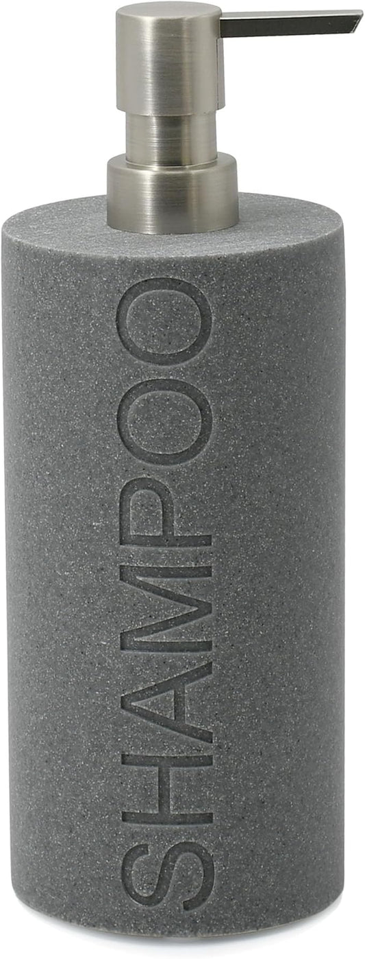 Indecor Home Resin Neutral Gray Sandstone Shampoo Engraved Bottle Refillable Pump Dispenser, Durable Waterproof Resin Construction for Bath, Shower - Gray Sandstone Satin Nickel Pump