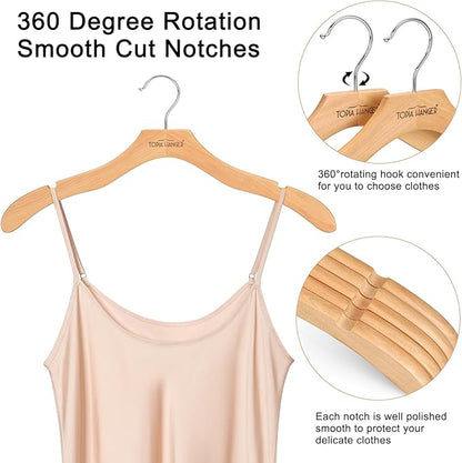 TOPIA HANGER Wooden Coat Hangers 24 Pack, Premium Wood Top Suit Hangers with No Shoulder Bump, 360° Swivel Hook and Cut Notches Clothes Hangers for Sweater, Coat, Shirts, Jackets, Dress, Natural CT85N
