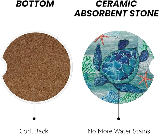 Sea Turtle Car Cup Holder Coaster 2 Pack Absorbent Ceramic Car Coasters for Cup Holders Car Accessories Interior for Women Men Universal Anti Slip Cork Base Cup Coasters with Finger Notch