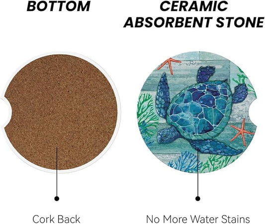 Sea Turtle Car Cup Holder Coaster 2 Pack Absorbent Ceramic Car Coasters for Cup Holders Car Accessories Interior for Women Men Universal Anti Slip Cork Base Cup Coasters with Finger Notch