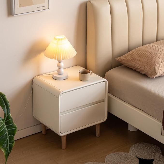 Wayshome White Nightstand with 2 Drawers, Mid Century Modern Nightstands, Solid Wood Night Stand, Wooden Night Stand for Low Bed, Side Table Living Room, Small Bedside Tables for Bedroom