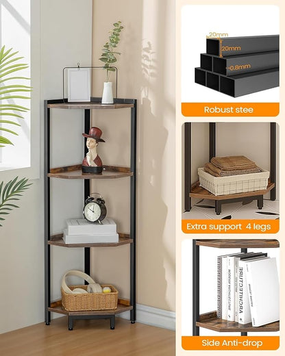 Corner Shelf Stand, Corner Bookshelf, Storage Standing Shelf Unit with Metal Frame, Plant Stand, Corner Bookcase for Living Room, Home Office, Bedroom, 4-Tier Rustic Brown CS05801B