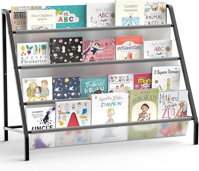 High-Transparent 4 Tier Kids Bookshelf, Sturdy Metal Large Size Book Rack Storage for Kids (Black)
