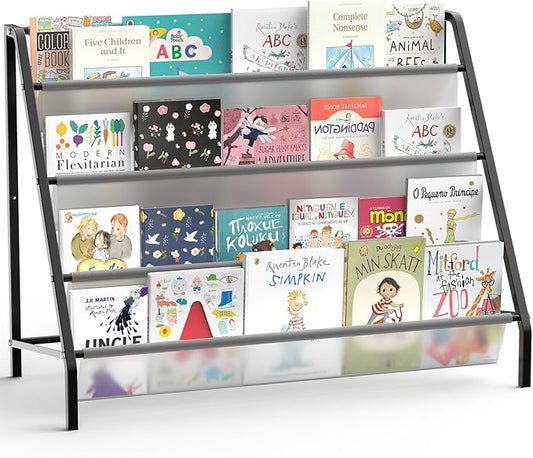 High-Transparent 4 Tier Kids Bookshelf, Sturdy Metal Large Size Book Rack Storage for Kids (Black)