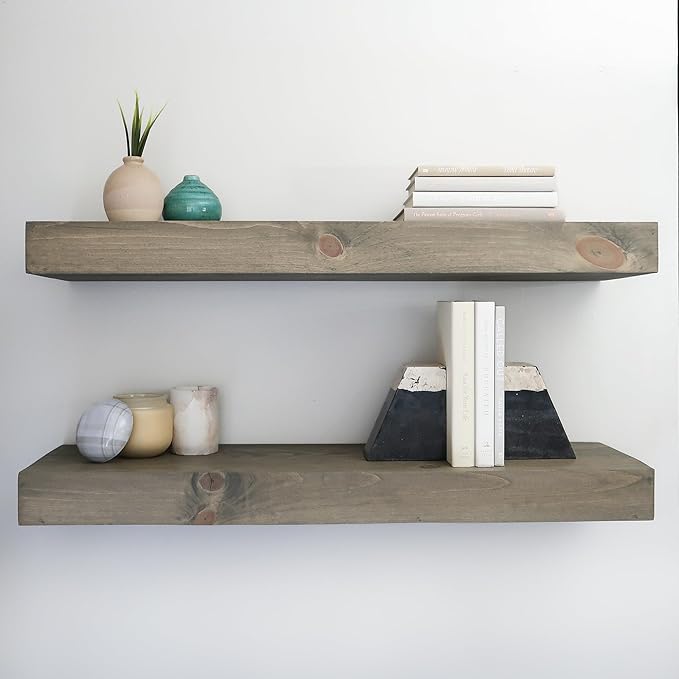 Urbandi Modern Floating Shelves 3 Inches Thick for Wall, Wide Shelves for Kitchen, Living Room, Bedroom, and Bathroom, Natural Pine Wood, Rustic Wooden Shelf, (Set of 2) (Aged Barrel, 36Lx3Hx6D)