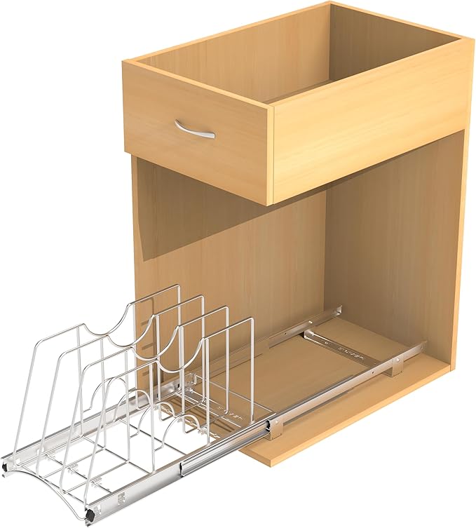 STORKING Pull Out Cookie Sheet Organizer for Cabinet, Pan and Pot, Cutting Board, Bakeware, Tray Organizer Rack, Sliding Rack- Heavy Duty, Adjustable Divider Width, 10" W x 22" D x 11" H, Chrome