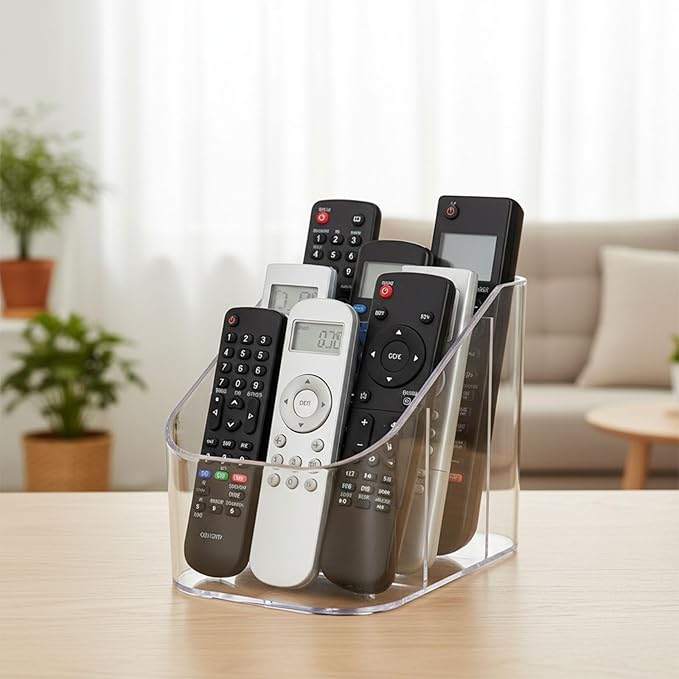 Remote Control Holder, Clear Plastic TV Remote Caddy for Desk and Nightstand Storage, Space-Saving Desk Organizer with See-Through Design for Living Room and Office Desk Accessories, 3 Compartments