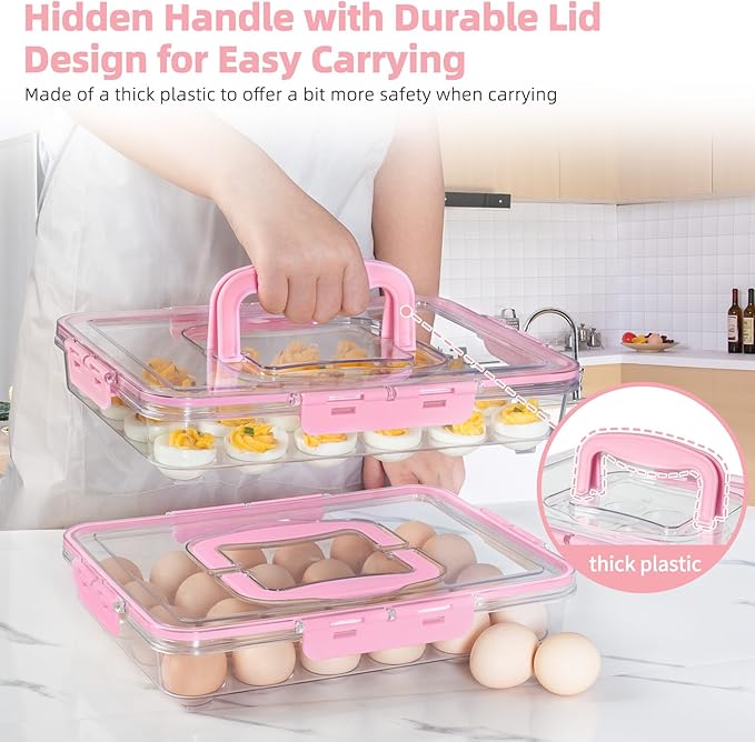 2 Pack Deviled Egg Containers with Lid and Handle, Durable Clear Plastic Deviled Egg Carrier Storage 48 Eggs, Stackable Egg Holder for Fridge, Portable Tray Platter for Party & Picnics-Pink