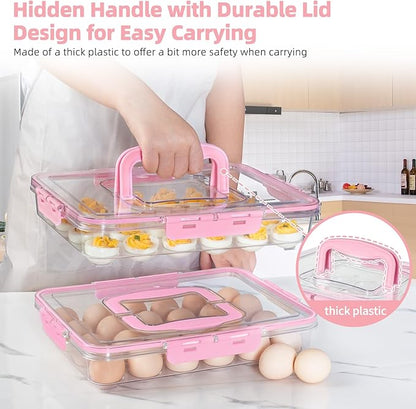 2 Pack Deviled Egg Containers with Lid and Handle, Durable Clear Plastic Deviled Egg Carrier Storage 48 Eggs, Stackable Egg Holder for Fridge, Portable Tray Platter for Party & Picnics-Pink