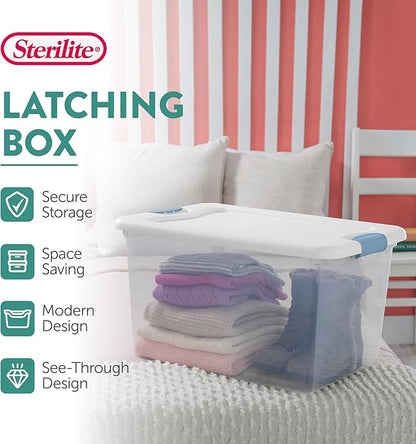 Sterilite 8 Pack Latching Box, 64 Qt Plastic Storage Container, Stackable Large Home or Office Tote Organizers with Secure Lids, White