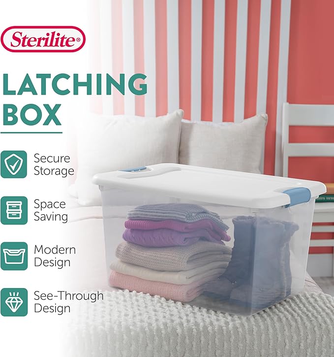 Sterilite 12 Pack Latching Box, 64 Qt Plastic Storage Container, Stackable Large Home or Office Tote Organizers with Secure Lids, White