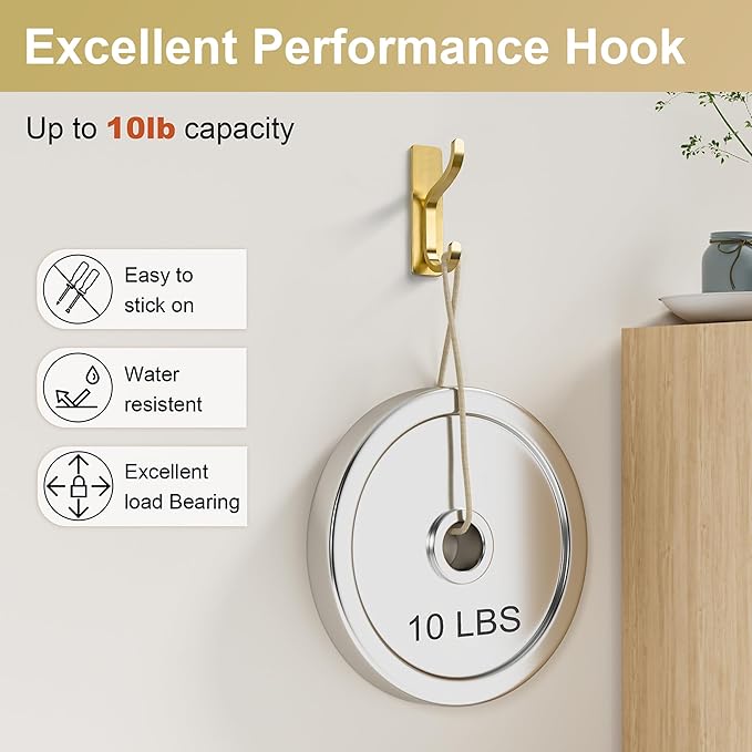 niffgaff Wall Hooks for Coat and Towel: 13lb Adhesive Door Hanger Stick On, Sticky Hook for Wall, Closet, Bathroom - Stainless Steel, Brushed Gold, 4 Pack