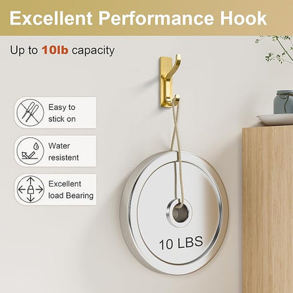 niffgaff Wall Hooks for Coat and Towel: 13lb Adhesive Door Hanger Stick On, Sticky Hook for Wall, Closet, Bathroom - Stainless Steel, Brushed Gold, 4 Pack