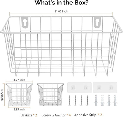 MaraFansie Hanging Wire Baskets Kitchen Storage Basket Adhesive and Screws Basket Over the Cabinet Door Organizer with Adhesive Strips and Screws Accessories, 2 Installations, 2 Pack, White
