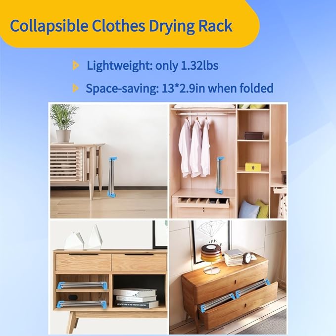 Lmaray Portable Travel Garment Rack, Upgraded Easy Folding Mini Drying Clothes Rack, Retractable Drying Rack for Laundry, Travel, Camping, Hotel, Dance + 4 Clothespins in Random Colors (Compact)