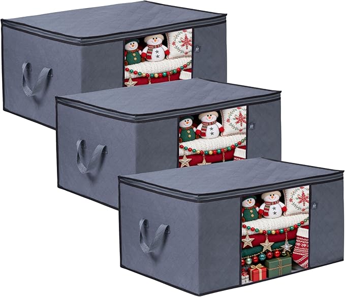 VENO 3 Pack Oversize Clothes Blanket Storage Bag, Christmas Ornament Storage Container Bins for Holiday Decor for Comforters Bedding, Foldable with Sturdy Zipper, Handle, Clear Window (34 Gallon)